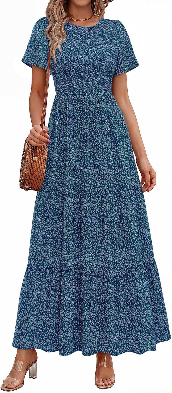 PRETTYGARDEN Women's 2026 Summer Casual Flutter Sleeve Floral Maxi Dress | Crew Neck Short Sleeve Dress, Smocked Top High Waisted Wedding Guest Dresses for Women, Tiered Hem Flowy Boho Long Dresses
