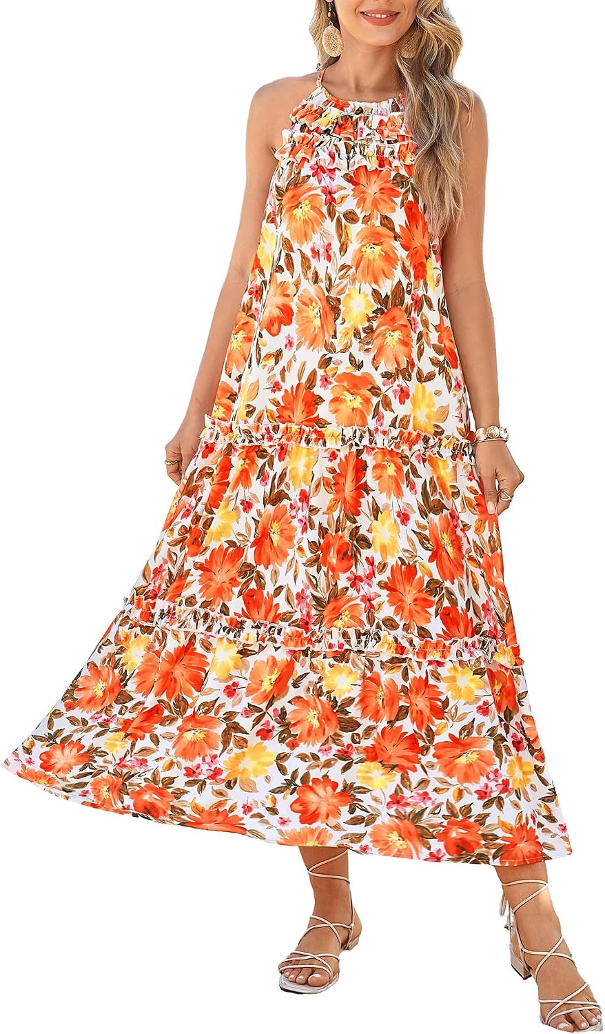 GRACE KARIN 2026 Women's Floral Halter Maxi Dress Boho Summer Beach Sundress with Tiered Ruffle Skirt