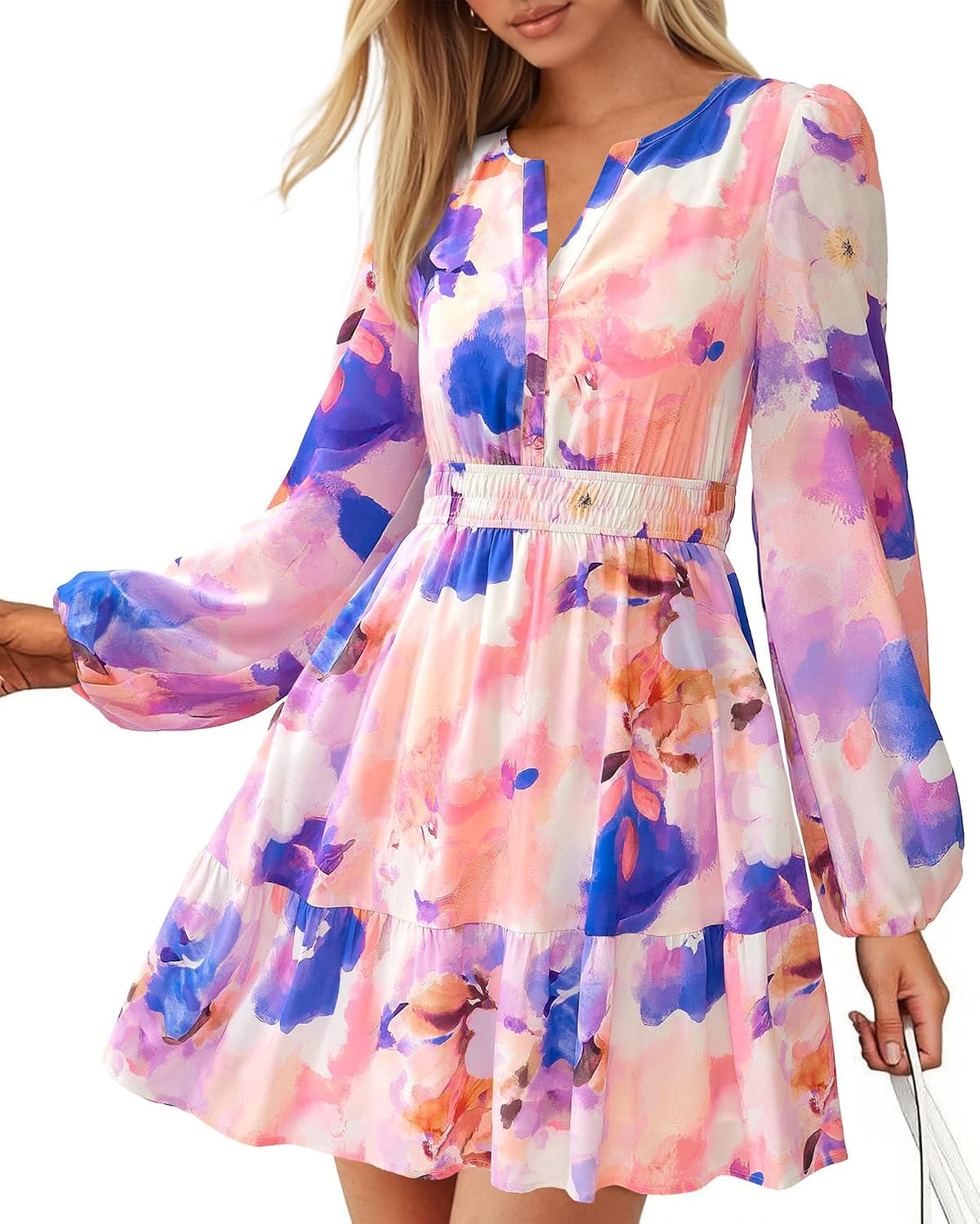 BTFBM Fall Dresses for Women 2026 Trendy Floral Long Sleeve Mini Dress | V Neck Elastic High Waist Knee Length A Line Flowy, Casual Dress Pockets, Holiday Party Vacation Cocktail Wedding Guest Dress