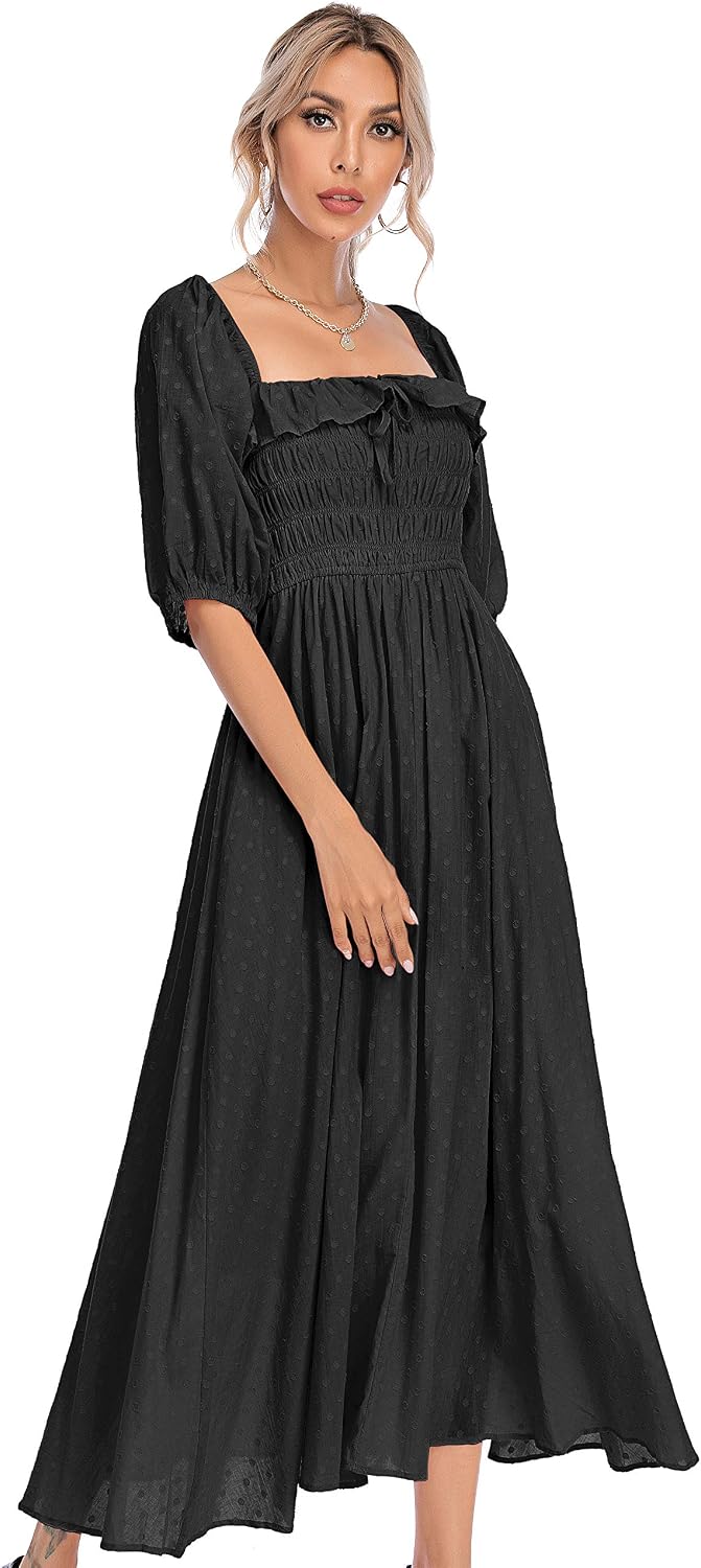 R.Vivimos Women Summer Cotton A Line Flowy Long Dresses | Half Sleeve, Ruffled, Vintage Elegant, Smocked Backless Dress, Maternity Shoot, Baby Shower, Casual Vacation Outfits