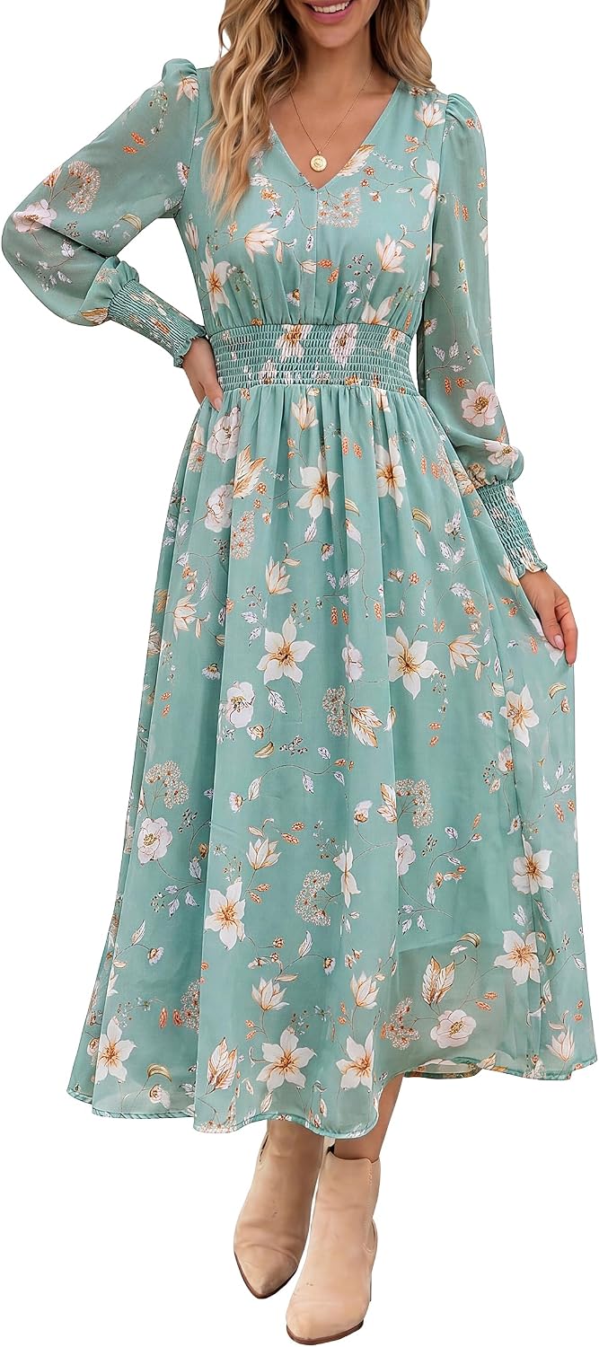 ANRABESS Women's Floral Fall Wedding Guest Maxi Dress | Long Puff Sleeve V Neck Smocked Waist，Chiffon Lined Flowy A-line Boho Dress，Casual Travel Outfits，Garden Tea Party Clothes