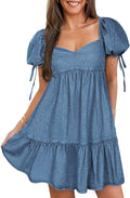 POTILI Denim Dress for Women Puff Short Sleeve Jean Denim Mini Dresses | Sweetheart Neck, Babydoll, A Line, Comfort, Cute, Casual, Western, Country Concert, Summer, Spring