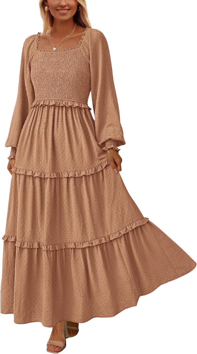 PRETTYGARDEN Women's Smocked Long Sleeve Maxi Dress Wedding Guest Dresses | Elegant Fall Vacation Outfits, Square Neck Swiss Dot, High Waist Tiered Ruffle, Pockets, Flowy Boho Spring Party Clothes