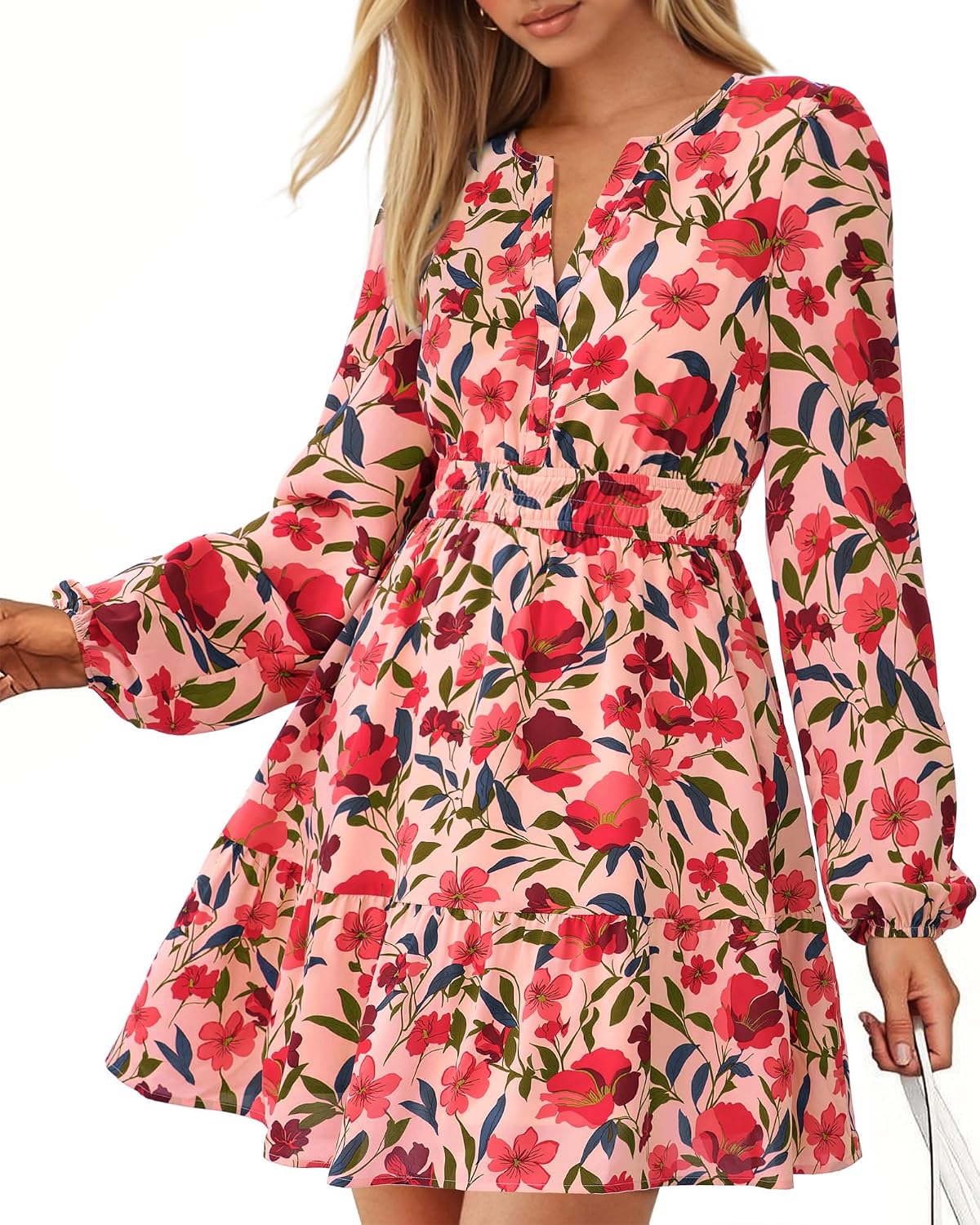 BTFBM Fall Dresses for Women 2026 Trendy Floral Long Sleeve Mini Dress | V Neck Elastic High Waist Knee Length A Line Flowy, Casual Dress Pockets, Holiday Party Vacation Cocktail Wedding Guest Dress