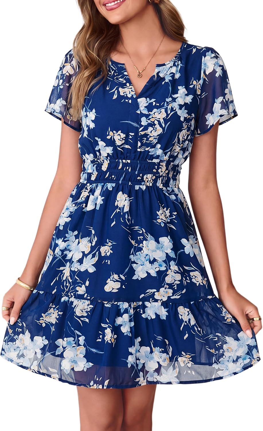 Simplee Women 2026 Floral Summer Short Dress Short Sleeves V Neck Chiffon A-Line Casual Flowy Boho Mini Dresses