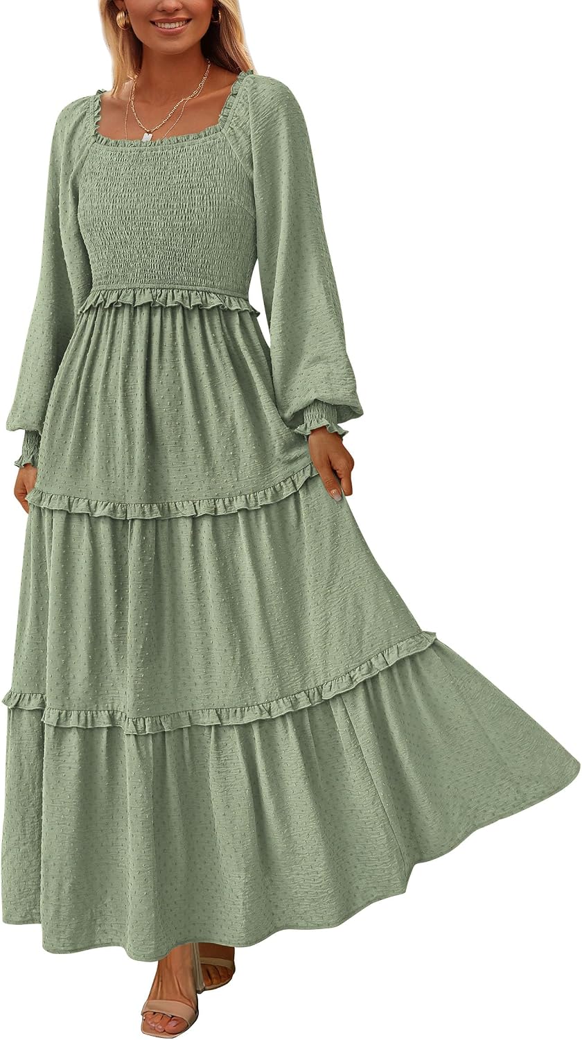 PRETTYGARDEN Women's Smocked Long Sleeve Maxi Dress Wedding Guest Dresses | Elegant Fall Vacation Outfits, Square Neck Swiss Dot, High Waist Tiered Ruffle, Pockets, Flowy Boho Spring Party Clothes