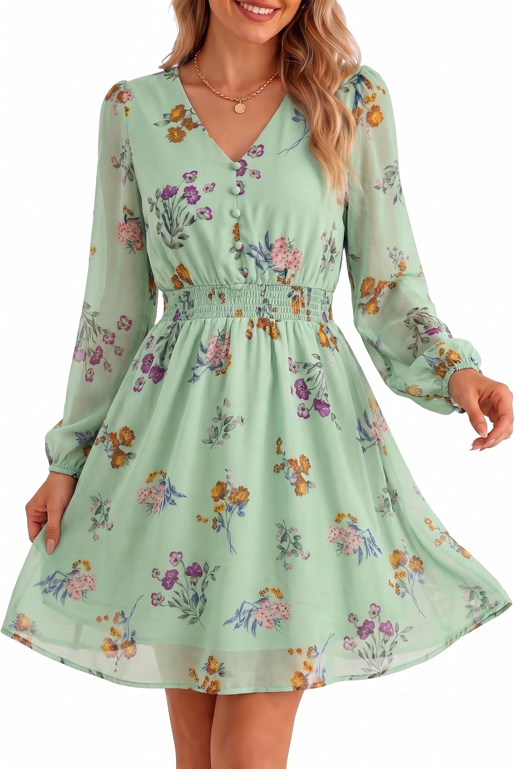 GERT COREL Womens Floral Mini Dress, V Neck Long Sleeve Chiffon A Line | Flowy Fall Dress for Women, Wedding Guest Dress, Floral Short Dress, Boho Dress, Garden Party, Bridal Shower, Date Night