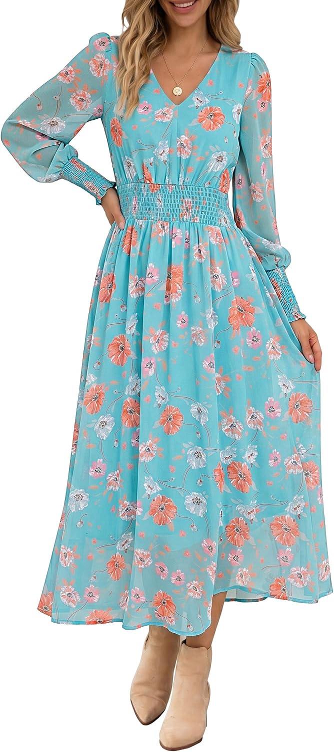 ANRABESS Women's Floral Fall Wedding Guest Maxi Dress | Long Puff Sleeve V Neck Smocked Waist，Chiffon Lined Flowy A-line Boho Dress，Casual Travel Outfits，Garden Tea Party Clothes