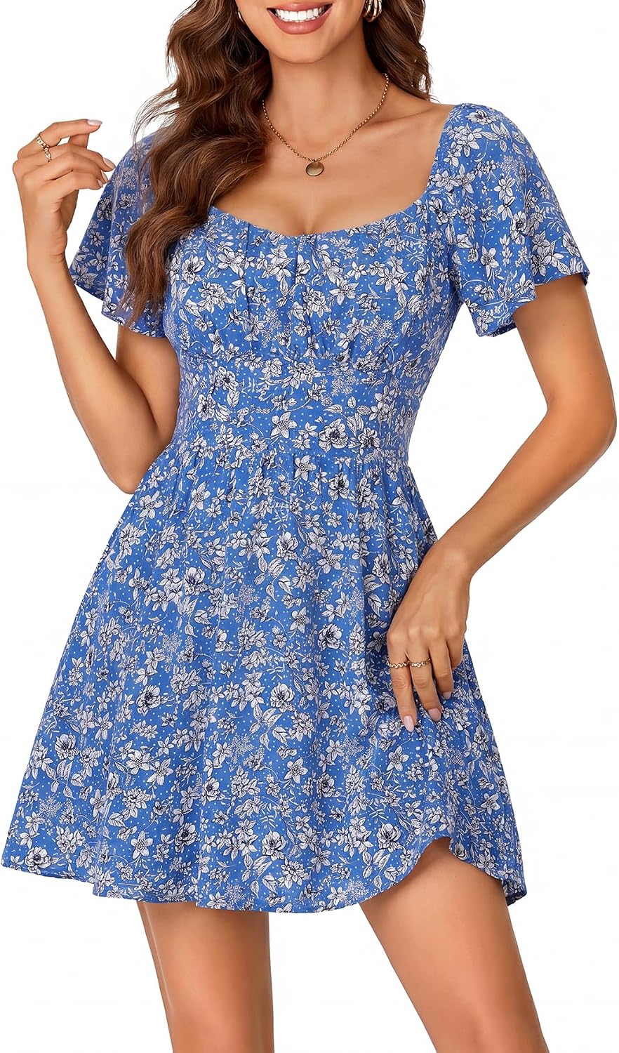 Rooscier Women's Tie Back Short Sleeve Mini Dress | Square Neck Wrap Ruffle Sleeve Flare Dresses