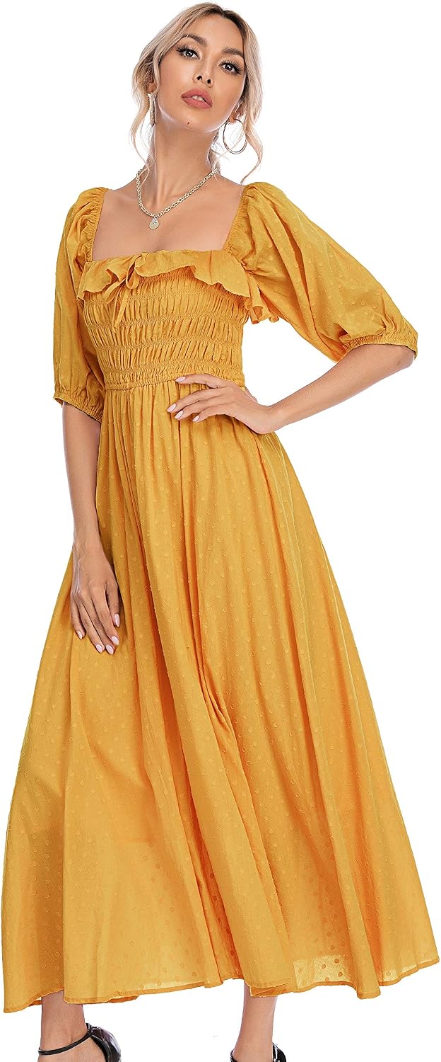 R.Vivimos Women Summer Cotton A Line Flowy Long Dresses | Half Sleeve, Ruffled, Vintage Elegant, Smocked Backless Dress, Maternity Shoot, Baby Shower, Casual Vacation Outfits