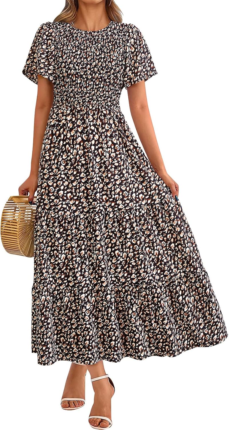 PRETTYGARDEN Women's 2026 Summer Casual Flutter Sleeve Floral Maxi Dress | Crew Neck Short Sleeve Dress, Smocked Top High Waisted Wedding Guest Dresses for Women, Tiered Hem Flowy Boho Long Dresses