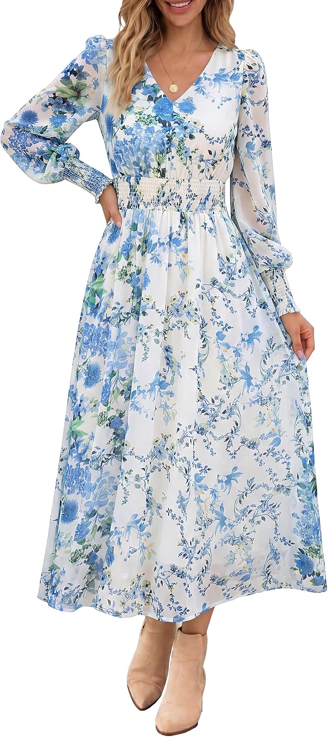 ANRABESS Women's Floral Fall Wedding Guest Maxi Dress | Long Puff Sleeve V Neck Smocked Waist，Chiffon Lined Flowy A-line Boho Dress，Casual Travel Outfits，Garden Tea Party Clothes