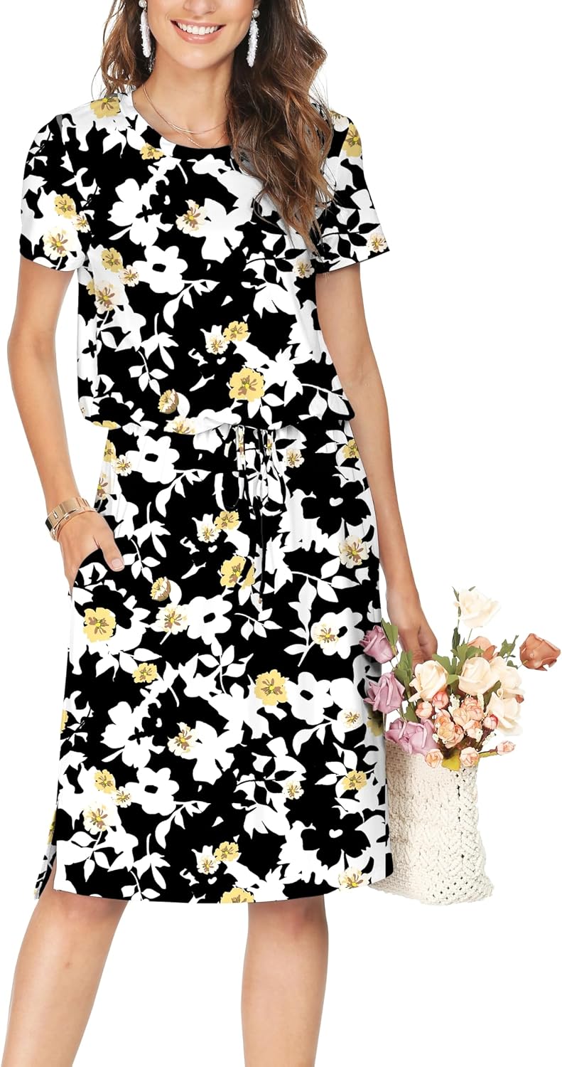 Simier Fariry Womens Summer Hide Belly Knee Length Travel Dress Pocket Short Sleeve Midi Work Casual Outfits