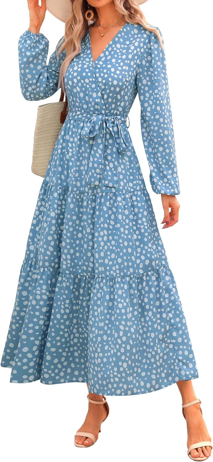 PRETTYGARDEN Womens Long Sleeve Boho Floral Wrap Maxi Dress | Fall Wedding Guest Dresses 2026, Chiffon Flowy Long Dresses, Casual Tie Waist V Neck Dress, Modest A Line Ruffle Tiered Dress