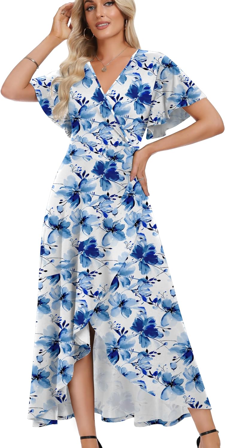 WEACZZY Women V Neck Ruffle Sleeve Maxi Dresses Split Elegant Slim Wrap Waist Wedding Guest Dress Elegant Casual Dresses 2026