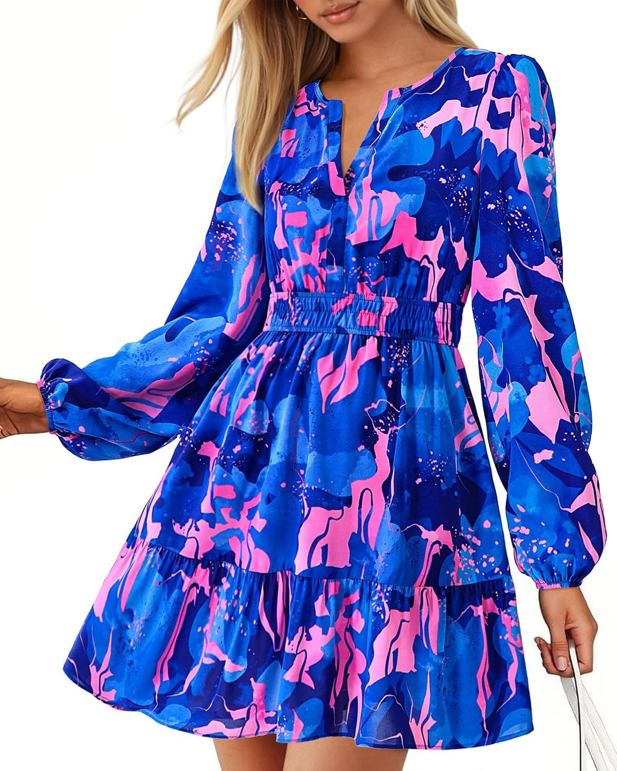 BTFBM Fall Dresses for Women 2026 Trendy Floral Long Sleeve Mini Dress | V Neck Elastic High Waist Knee Length A Line Flowy, Casual Dress Pockets, Holiday Party Vacation Cocktail Wedding Guest Dress
