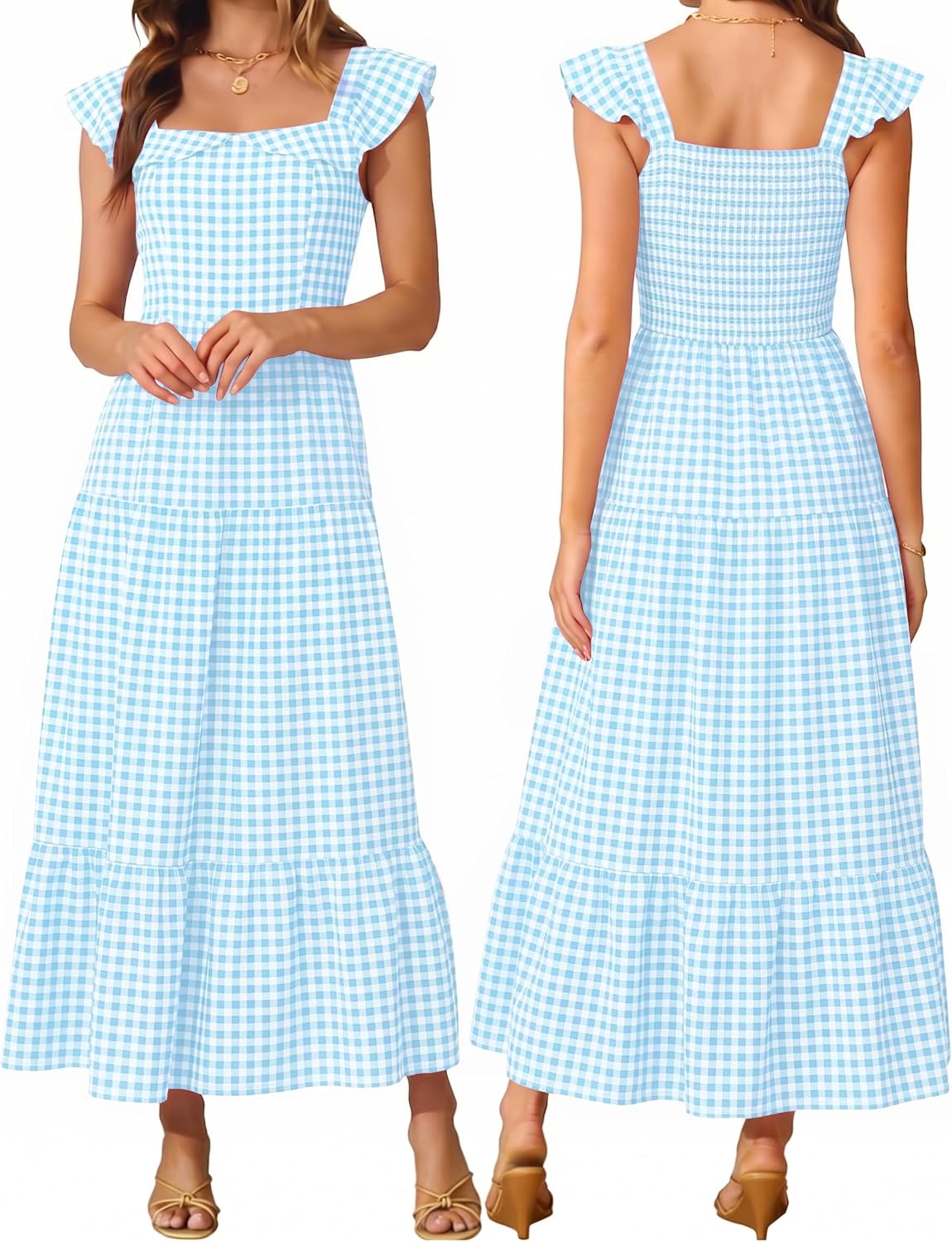 AUMORA Womens Summer Sleeveless Maxi Dress Square Neck | Smocked Backless, Ruffle Boho Flowy, A-Line Beach Dress, Vacation Resort Wear Outfits