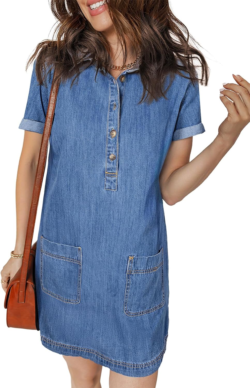 Sidefeel Womens Denim Dress Casual A Line Trendy Mini Jean Dress | Lapel Collar, Partial Button Placket, Short Cuffed Sleeves, Patch Pockets, Above Knee, Trendy Lightweight Summer Shirt Dress