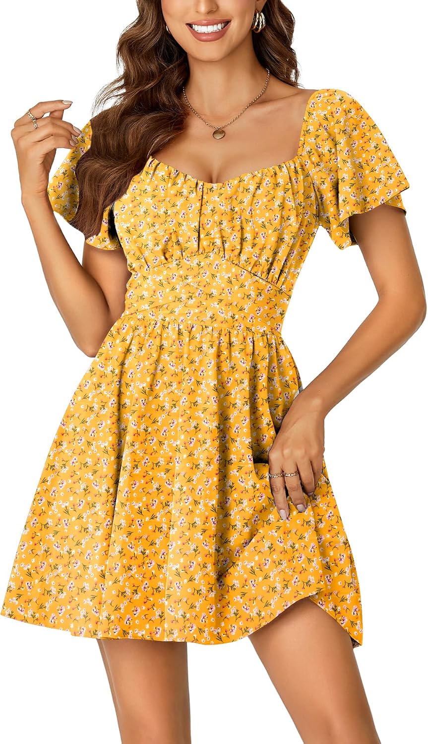 Rooscier Women's Tie Back Short Sleeve Mini Dress | Square Neck Wrap Ruffle Sleeve Flare Dresses