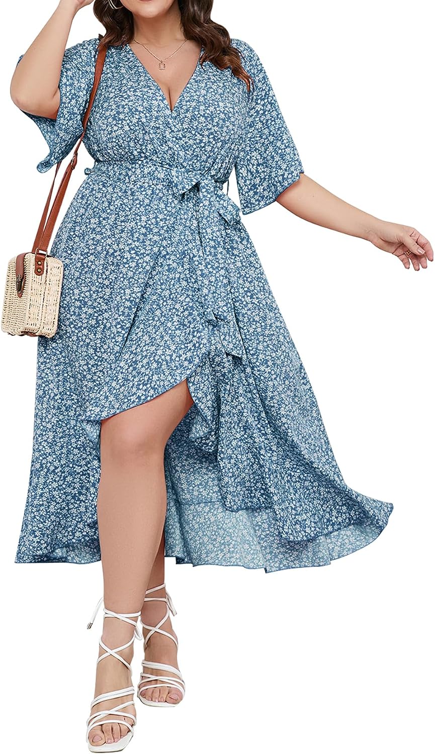 SCOMCHIC Women Plus Size Wedding Guest Maxi Dress | Short Sleeve, Wrap V Neck, High Low, Split, Ruffle Long Dress
