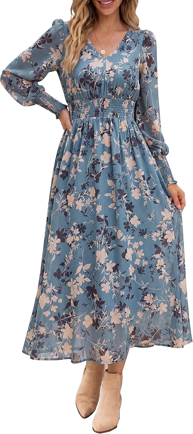 ANRABESS Women's Floral Fall Wedding Guest Maxi Dress | Long Puff Sleeve V Neck Smocked Waist，Chiffon Lined Flowy A-line Boho Dress，Casual Travel Outfits，Garden Tea Party Clothes