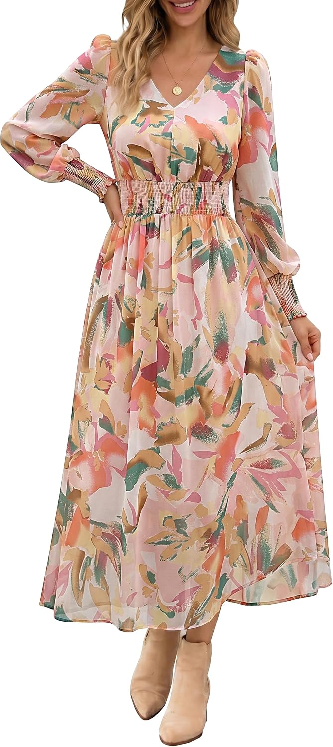 ANRABESS Women's Floral Fall Wedding Guest Maxi Dress | Long Puff Sleeve V Neck Smocked Waist，Chiffon Lined Flowy A-line Boho Dress，Casual Travel Outfits，Garden Tea Party Clothes