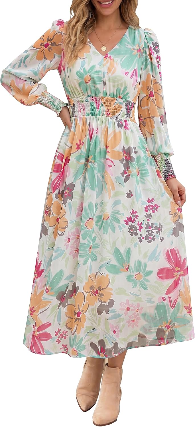 ANRABESS Women's Floral Fall Wedding Guest Maxi Dress | Long Puff Sleeve V Neck Smocked Waist，Chiffon Lined Flowy A-line Boho Dress，Casual Travel Outfits，Garden Tea Party Clothes