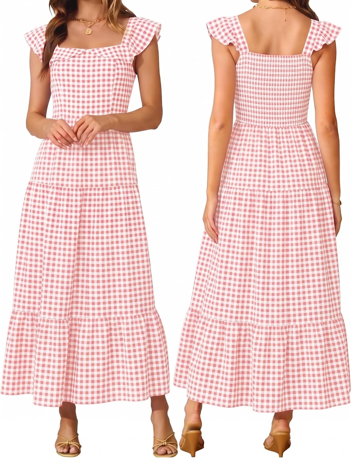 AUMORA Womens Summer Sleeveless Maxi Dress Square Neck | Smocked Backless, Ruffle Boho Flowy, A-Line Beach Dress, Vacation Resort Wear Outfits