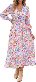 ANRABESS Women's Floral Fall Wedding Guest Maxi Dress | Long Puff Sleeve V Neck Smocked Waist，Chiffon Lined Flowy A-line Boho Dress，Casual Travel Outfits，Garden Tea Party Clothes