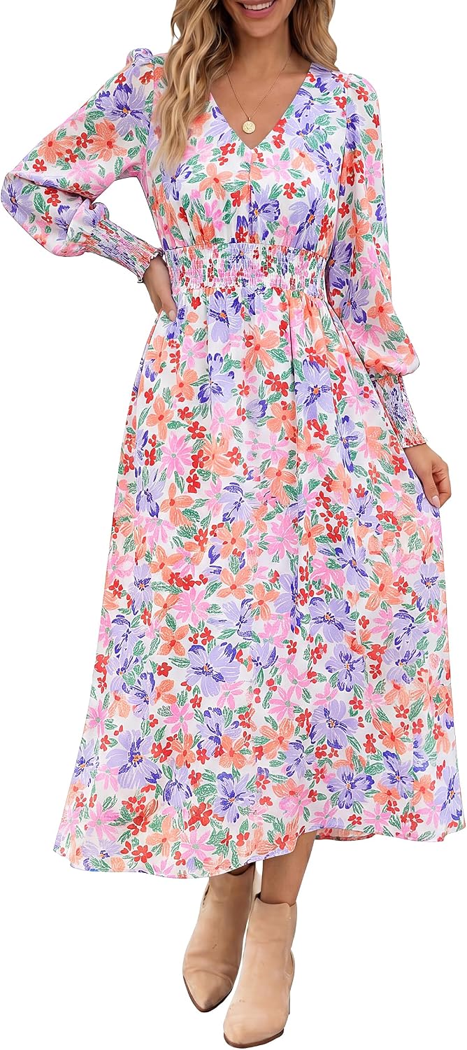 ANRABESS Women's Floral Fall Wedding Guest Maxi Dress | Long Puff Sleeve V Neck Smocked Waist，Chiffon Lined Flowy A-line Boho Dress，Casual Travel Outfits，Garden Tea Party Clothes