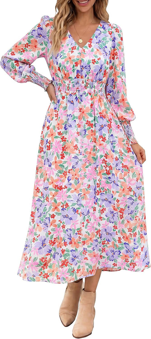 ANRABESS Women's Floral Fall Wedding Guest Maxi Dress | Long Puff Sleeve V Neck Smocked Waist，Chiffon Lined Flowy A-line Boho Dress，Casual Travel Outfits，Garden Tea Party Clothes