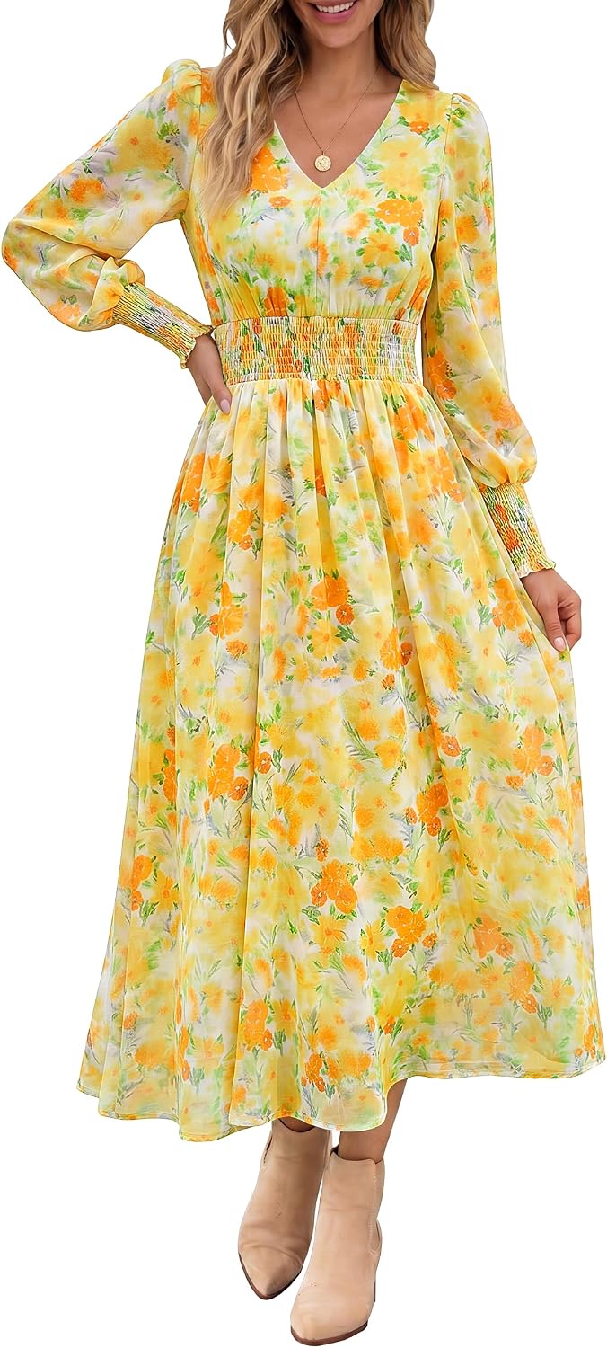 ANRABESS Women's Floral Fall Wedding Guest Maxi Dress | Long Puff Sleeve V Neck Smocked Waist，Chiffon Lined Flowy A-line Boho Dress，Casual Travel Outfits，Garden Tea Party Clothes