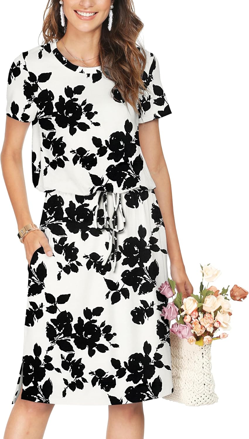 Simier Fariry Womens Summer Hide Belly Knee Length Travel Dress Pocket Short Sleeve Midi Work Casual Outfits