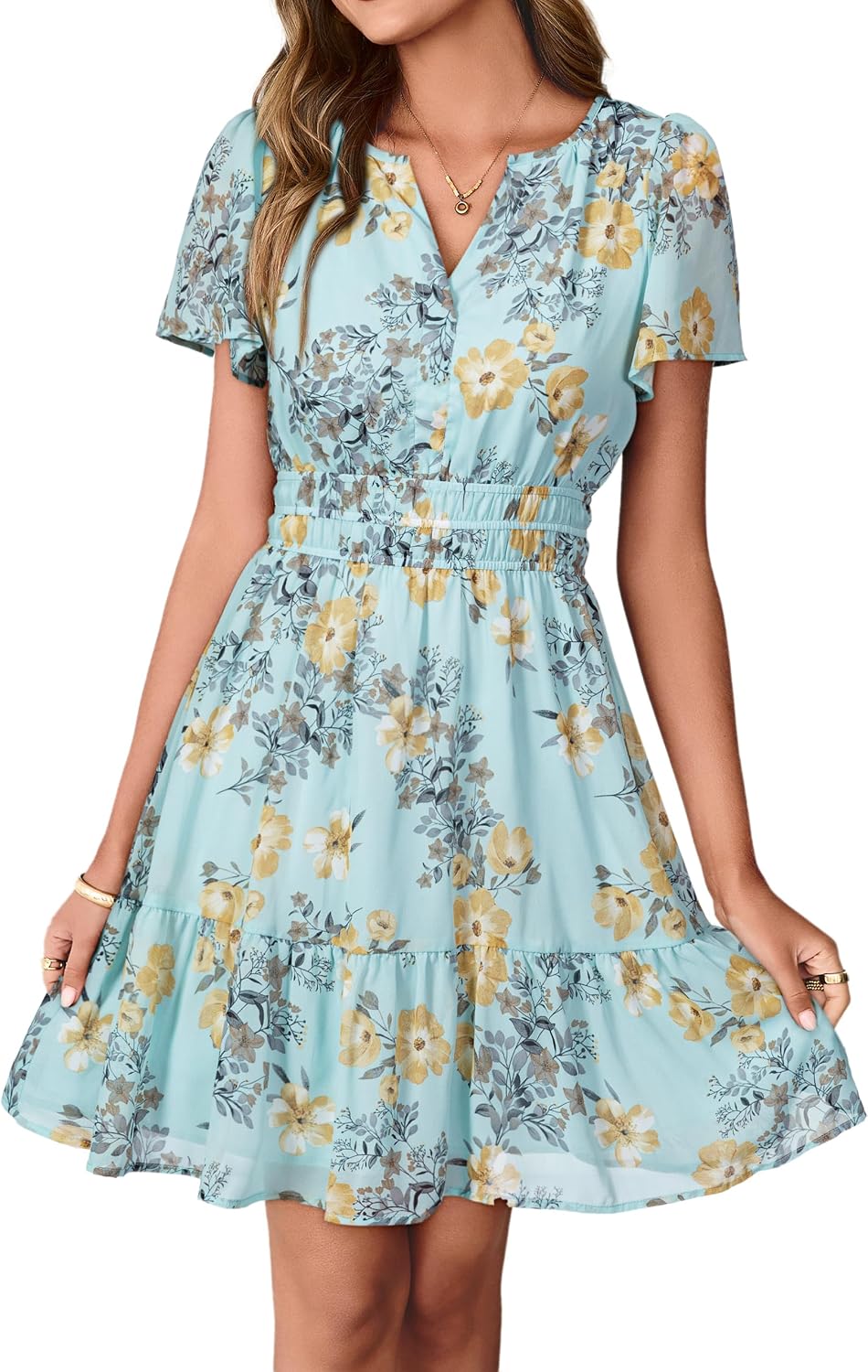 Simplee Women 2026 Floral Summer Short Dress Short Sleeves V Neck Chiffon A-Line Casual Flowy Boho Mini Dresses