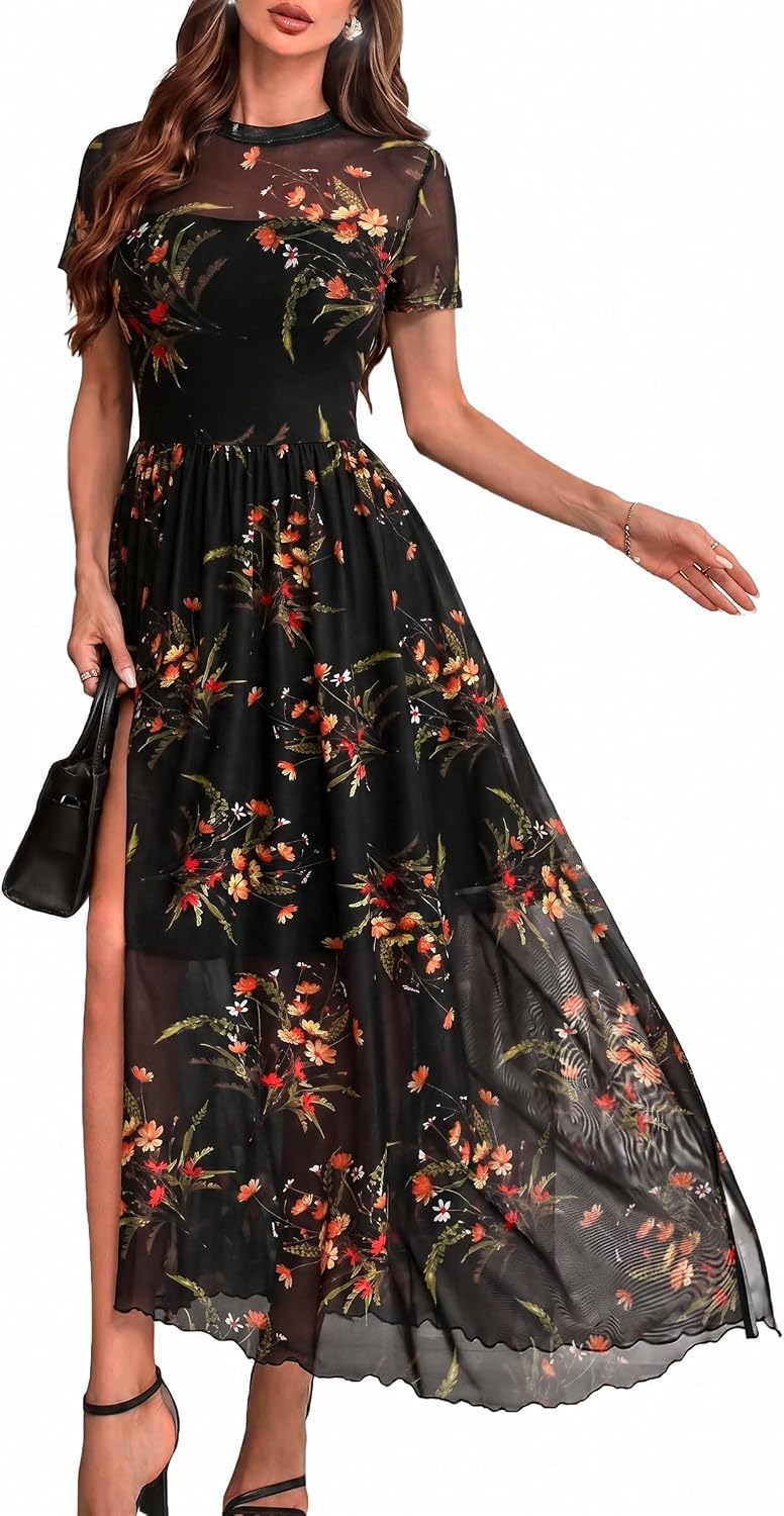 GothDark Women's Floral Mesh Short Sleeve Wedding Guest Maxi Dress | High Slit, Waist-Cinched, Soft Stretchy Fabric, A-Line Dress for Cocktail Party, Date Night, Dinner