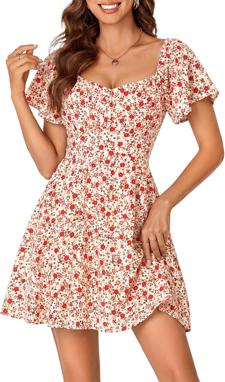 Rooscier Women's Tie Back Short Sleeve Mini Dress | Square Neck Wrap Ruffle Sleeve Flare Dresses