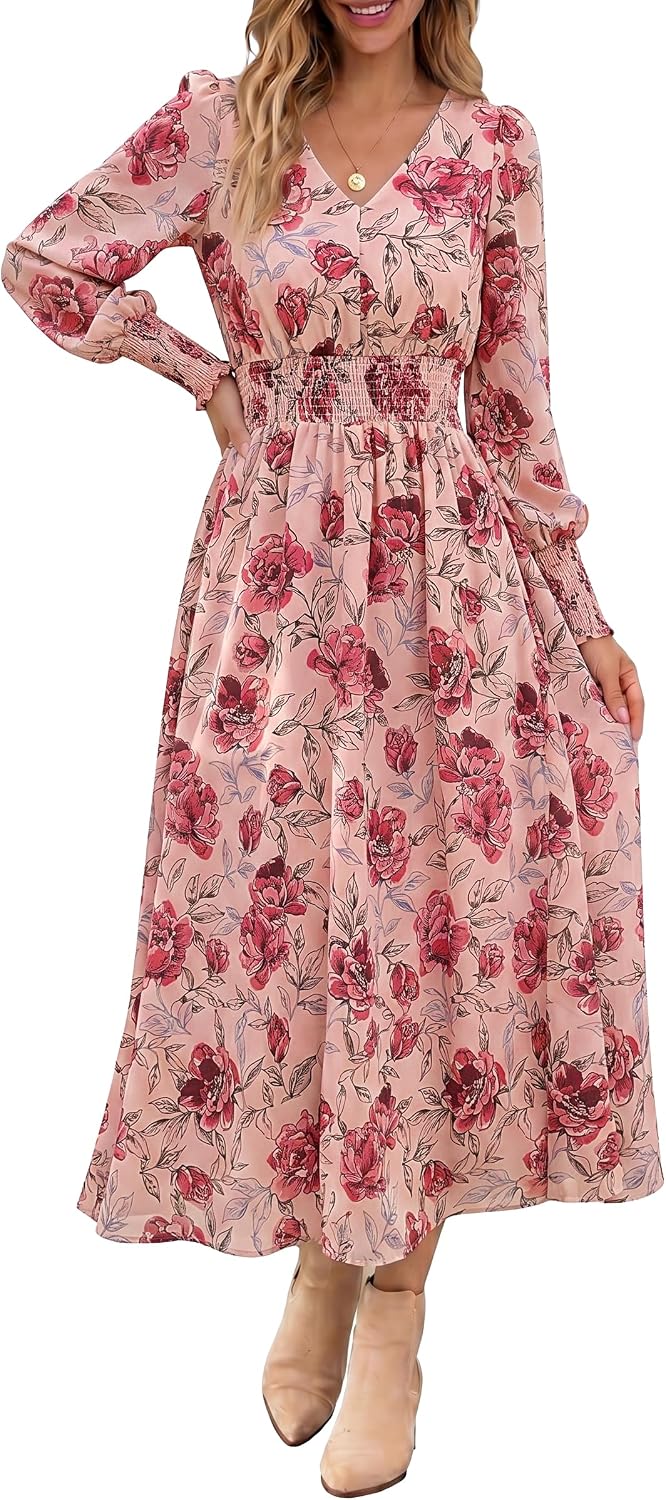 ANRABESS Women's Floral Fall Wedding Guest Maxi Dress | Long Puff Sleeve V Neck Smocked Waist，Chiffon Lined Flowy A-line Boho Dress，Casual Travel Outfits，Garden Tea Party Clothes