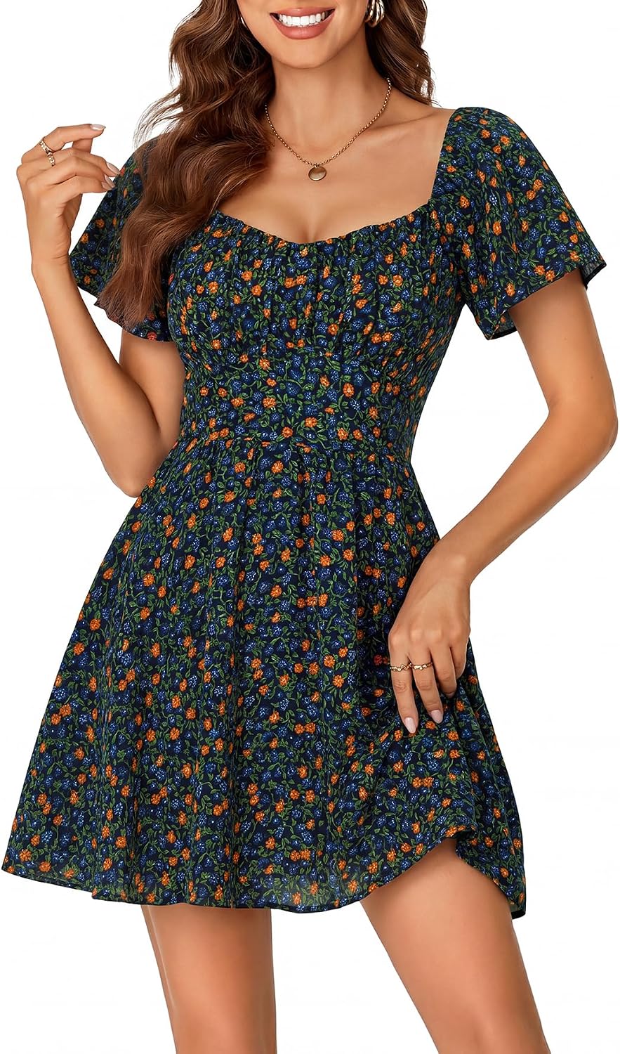 Rooscier Women's Tie Back Short Sleeve Mini Dress | Square Neck Wrap Ruffle Sleeve Flare Dresses