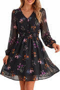 GERT COREL Womens Floral Mini Dress, V Neck Long Sleeve Chiffon A Line | Flowy Fall Dress for Women, Wedding Guest Dress, Floral Short Dress, Boho Dress, Garden Party, Bridal Shower, Date Night