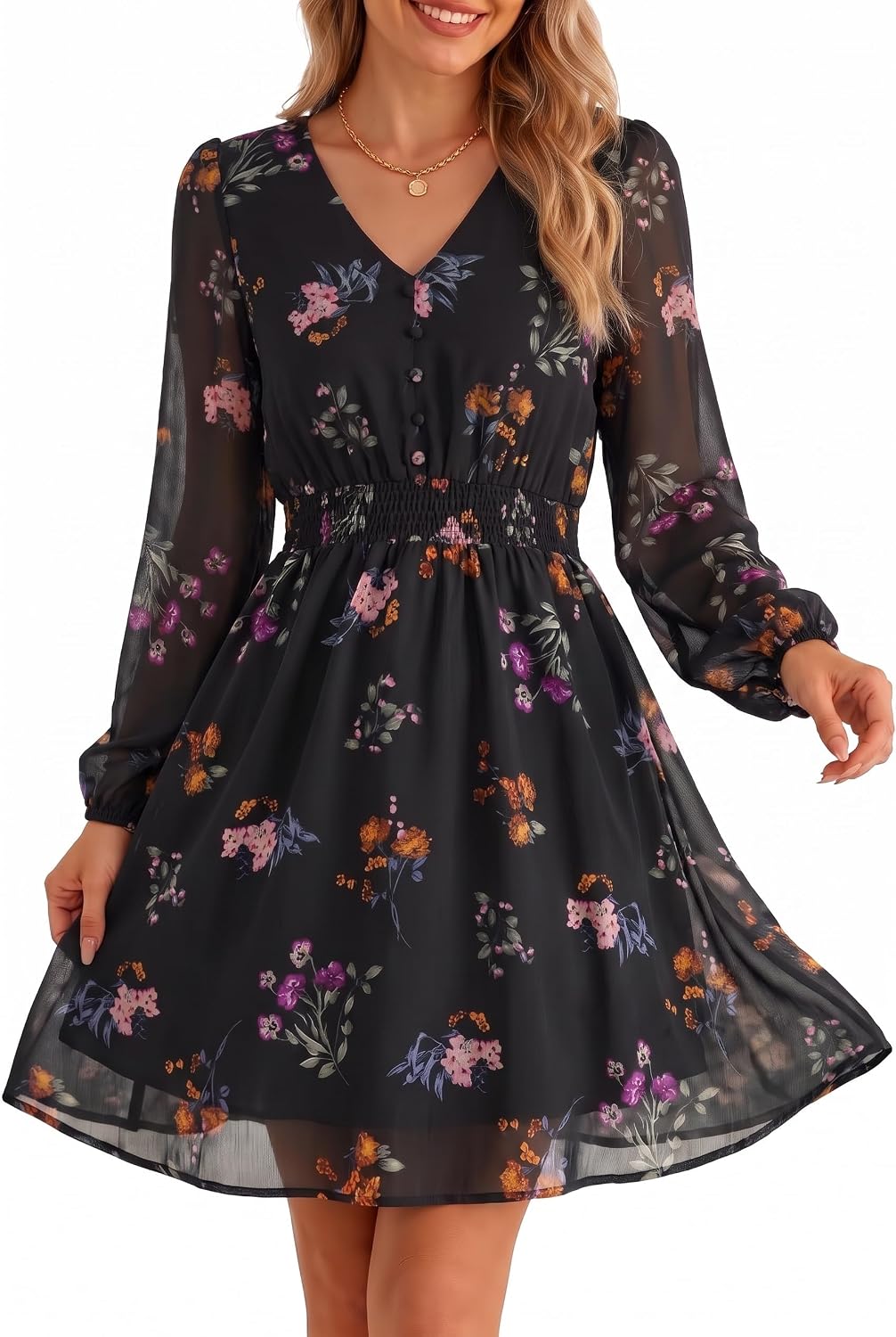 GERT COREL Womens Floral Mini Dress, V Neck Long Sleeve Chiffon A Line | Flowy Fall Dress for Women, Wedding Guest Dress, Floral Short Dress, Boho Dress, Garden Party, Bridal Shower, Date Night