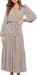 PRETTYGARDEN Womens Long Sleeve Boho Floral Wrap Maxi Dress | Fall Wedding Guest Dresses 2026, Chiffon Flowy Long Dresses, Casual Tie Waist V Neck Dress, Modest A Line Ruffle Tiered Dress