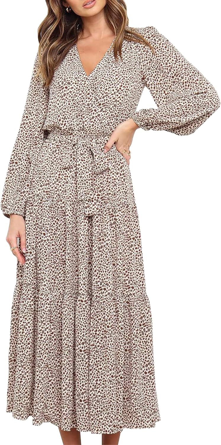 PRETTYGARDEN Womens Long Sleeve Boho Floral Wrap Maxi Dress | Fall Wedding Guest Dresses 2026, Chiffon Flowy Long Dresses, Casual Tie Waist V Neck Dress, Modest A Line Ruffle Tiered Dress