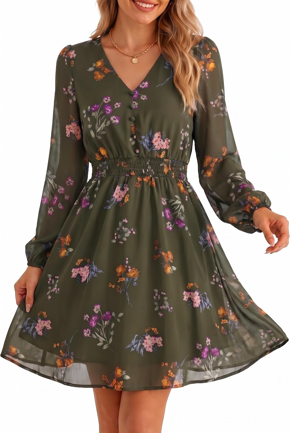 GERT COREL Womens Floral Mini Dress, V Neck Long Sleeve Chiffon A Line | Flowy Fall Dress for Women, Wedding Guest Dress, Floral Short Dress, Boho Dress, Garden Party, Bridal Shower, Date Night