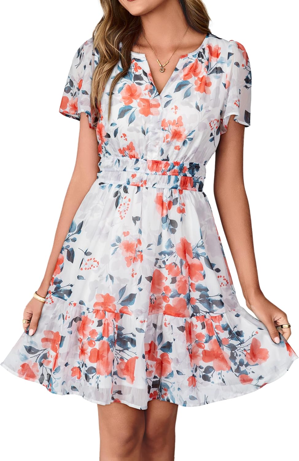 Simplee Women 2026 Floral Summer Short Dress Short Sleeves V Neck Chiffon A-Line Casual Flowy Boho Mini Dresses