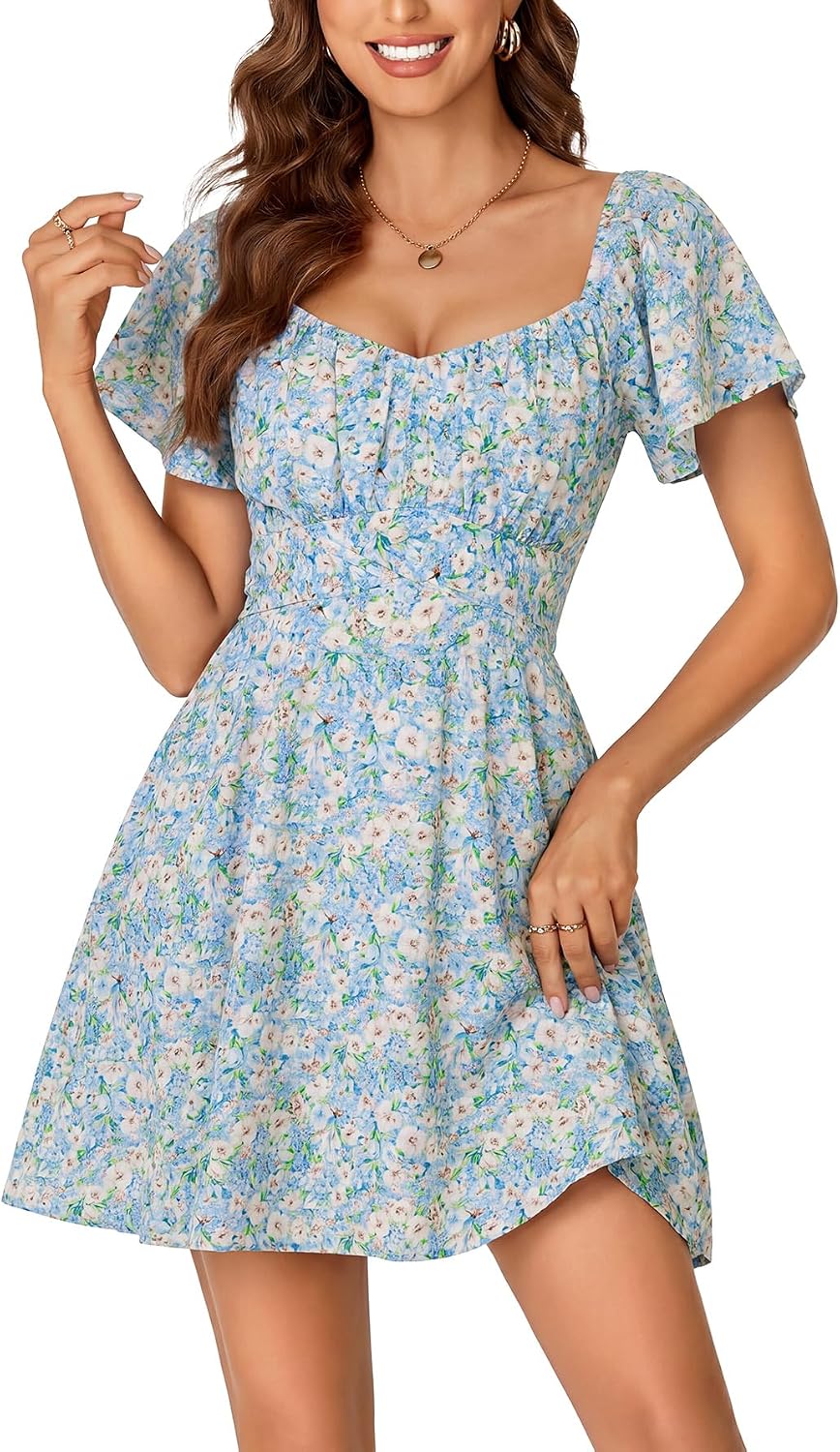 Rooscier Women's Tie Back Short Sleeve Mini Dress | Square Neck Wrap Ruffle Sleeve Flare Dresses