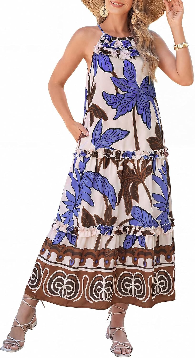 GRACE KARIN 2026 Women's Floral Halter Maxi Dress Boho Summer Beach Sundress with Tiered Ruffle Skirt