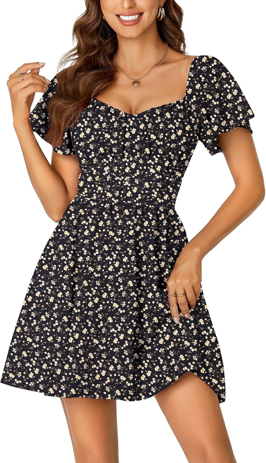 Rooscier Women's Tie Back Short Sleeve Mini Dress | Square Neck Wrap Ruffle Sleeve Flare Dresses