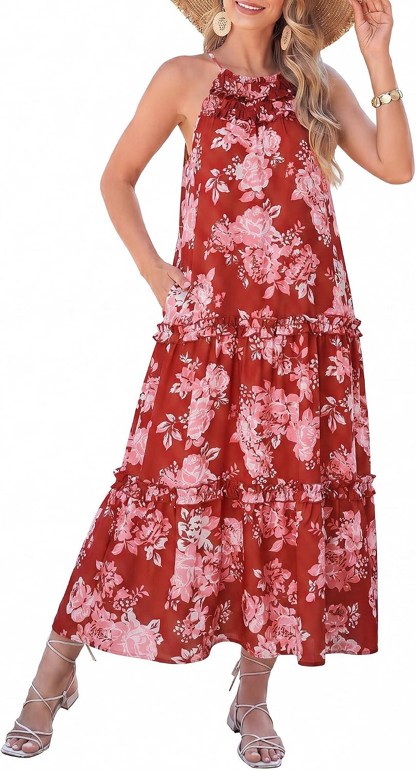 GRACE KARIN 2026 Women's Floral Halter Maxi Dress Boho Summer Beach Sundress with Tiered Ruffle Skirt