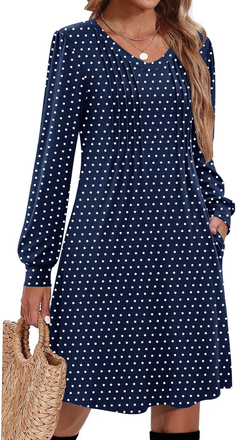 Zeagoo Fall Dresses for Women Long Sleeve Casual Pleated V Neck Dress 2026 A Line Tunic Dress