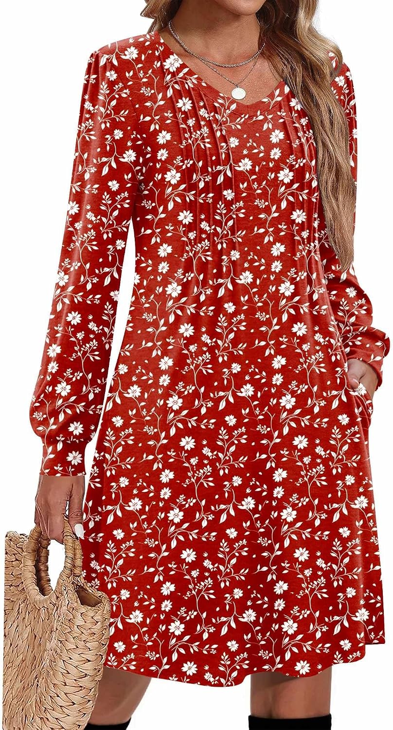 Zeagoo Fall Dresses for Women Long Sleeve Casual Pleated V Neck Dress 2026 A Line Tunic Dress